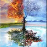 Four seasons tree diamond art kit with symbolic seasonal colors and mirrored reflection